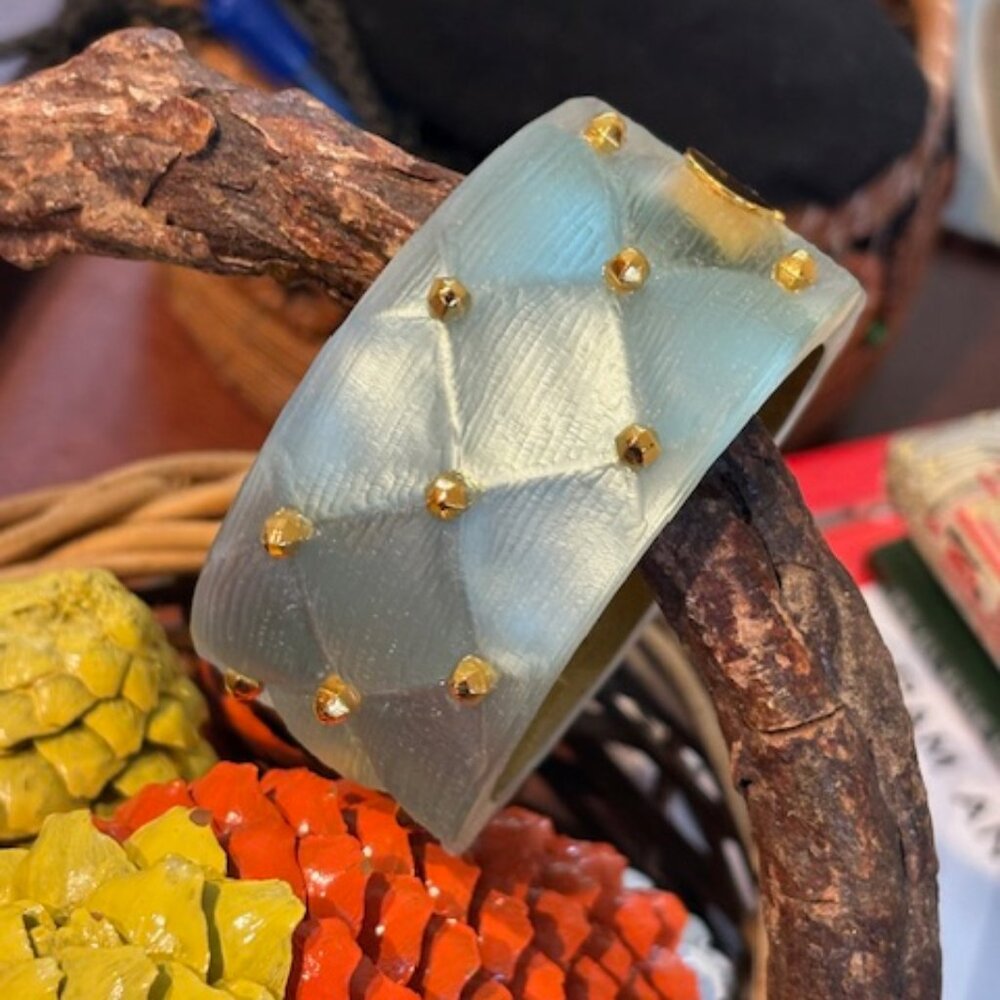 Rare Alexis Bittar Quilted Aqua Lucite Gold Stud Bold Hinged Bangle Bracelet